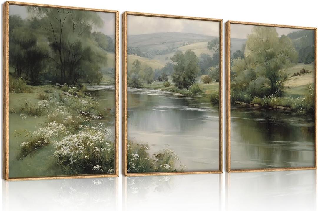 Aurlan Vintage Green River Landscape Framed Canvas Wall Art Set-16"x24"x3 | Large Rustic Countryside Stream Meadow Wall Decor,Misty Natural Valley Scenery Artwork for Living Room,Bedroom,Farmhouse