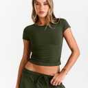 Trendy Queen 2 Piece Matching Summer Sweatsuit Lounge Set Womens Wide Leg Pants Side Ruching Crop Top Sets (Green, M)