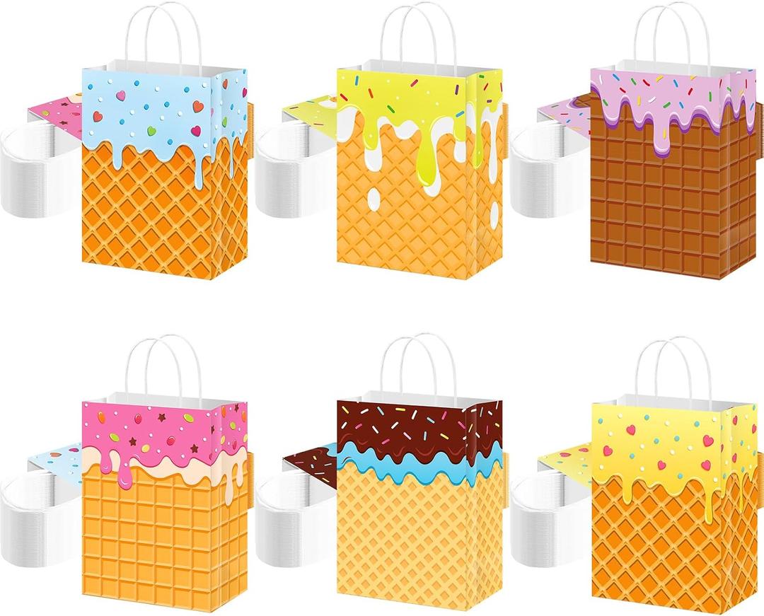Supervitae 48 Pcs Ice Cream Gift Bags with Handles Ice Cream Party Favor Paper Colorful Summer Goody Bags for Birthday Baby Shower Decor Supplies Wrapping Holiday Decoration