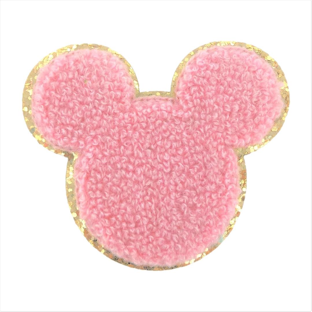 Gold Glitters & Pink Chenille Varsity Initial Patches, 3M Adhesive Sticker Iron On, 2.25" Height (Mickey)