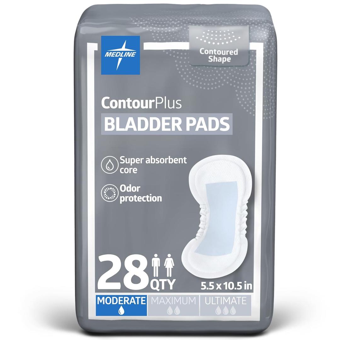 Medline ContourPlus Bladder Control Incontinence Pads, Moderate Absorbency, 5.5" x 10.5", 28 Count