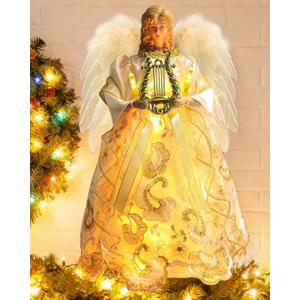 Angel Tree Topper with Lights, 12'' Christmas Tree Topper Angel, Battery Operated Lighted Treetop Ornaments, Elegant Christmas Tree Decorations for Indoor Office Holiday