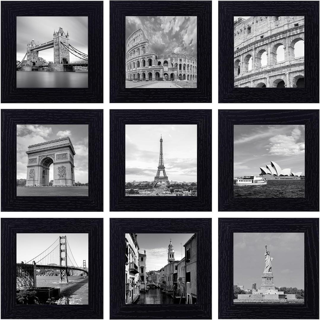 eletecpro 4x4 Picture Frames Set of 9 Classic Gallery Wall Frame Set Displays 4x4 Photo without Mat Square Picture Frames Collage Wall Decor, Black Modern Home Decor for Hanging