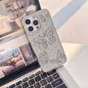 for iPhone 15 Pro Max, Cute 3D Butterfly Glitter Case 6.7" Plated Slim Protective Cover with Camera Protection, Drop-Resistant Bumper for Women & Girls (Silver)