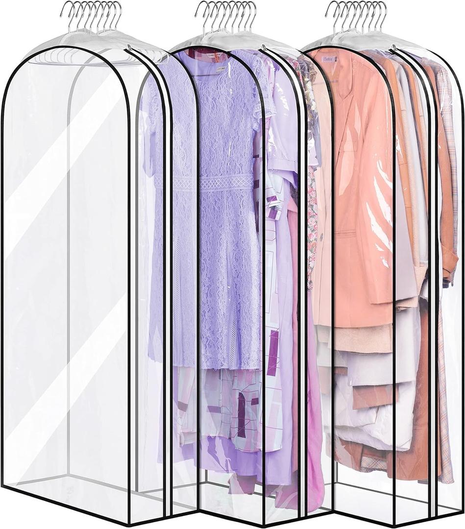 MISSLO 10" Gusseted All Clear Garment Bags for Hanging Clothes 50" Dress Bags for Closet Storage Coat Protectors for Suits, Gowns, 3 Packs