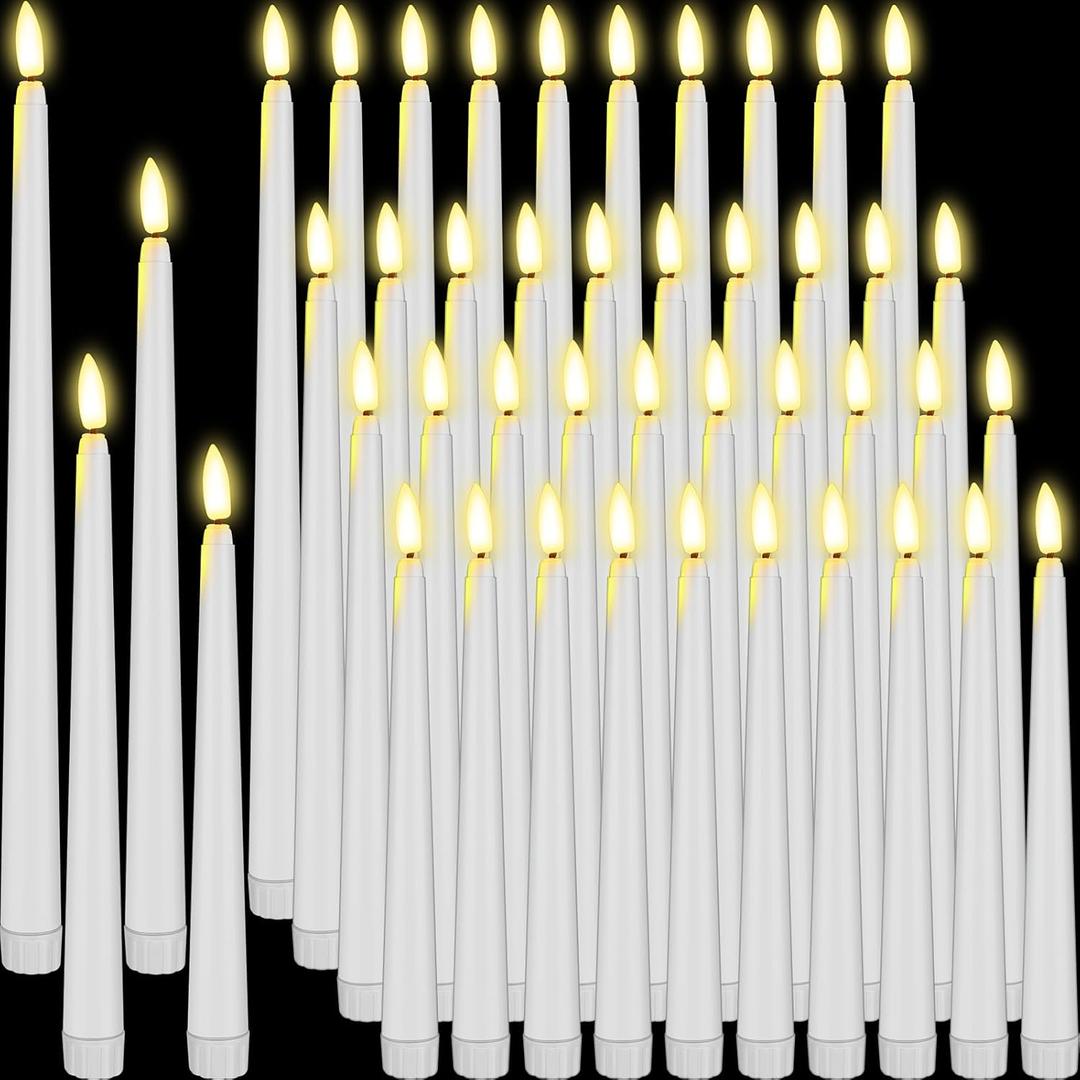 Rossesay 48 Pcs Flameless LED Taper Candles Battery Operated Candles 4 Sizes of 8.5'', 9.65'', 10.83'', 12.8'' Flameless Candlesticks Flickering for Halloween Christmas Church Wedding(White)