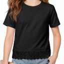 ZDC Girls Short Sleeve Lace Hem T Shirts Crewneck Casual Blouse Kids Summer Tops Tees 5-14 Years Black (Black)
