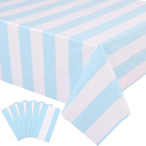 Kesfey 6 Packs Light Blue and White Striped Table Cloth 54 x 108 Inches Bluey Stripe Table Cover Disposable Plastic Beach Tablecloths Waterproof Rectangle Picnic Tablecover for Pool Birthday Party