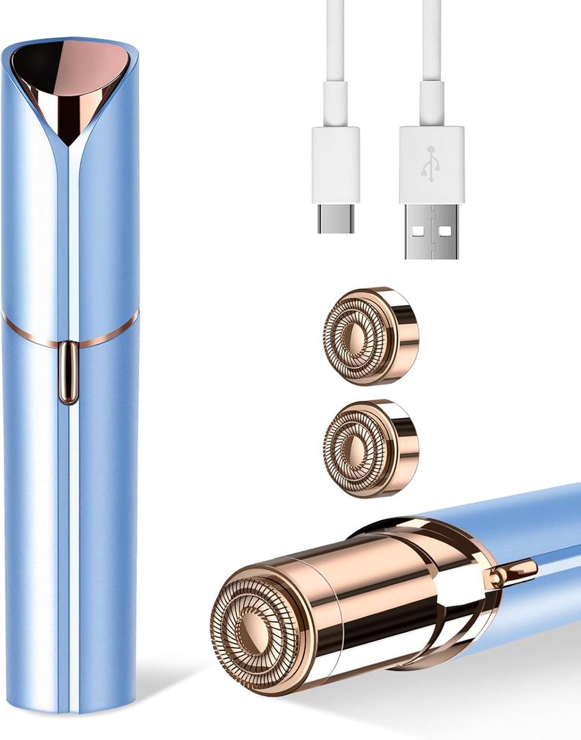 Facial Hair Remover for Women- as Seen on TV Painless Face Shaver -Mini Hair Remover, Electric Razor Shaver Portable Bikini Epilator for Lips, Chin, Armpit, Peach Fuzz, Fingers, Neck, Cheek (Blue+2 Heads)