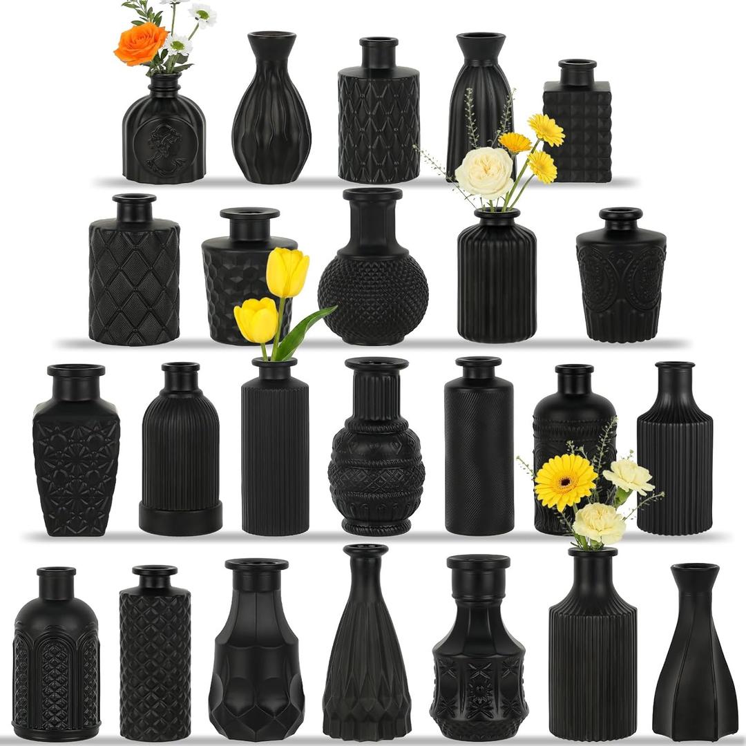 TBWIND 24PCS Black Glass Bud Vases Set, Small Vintage Flower Vases for Centerpieces, Mini Rustic Vases for Wedding Table Decor, Home, Shelves, Windowsills & Floral Arrangements