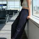 Womens Wide Leg Barrel Pants Mid-Rise Casual Loose Elastic Waist Solid Color Trouser with Pockets (X-Large, Navy)