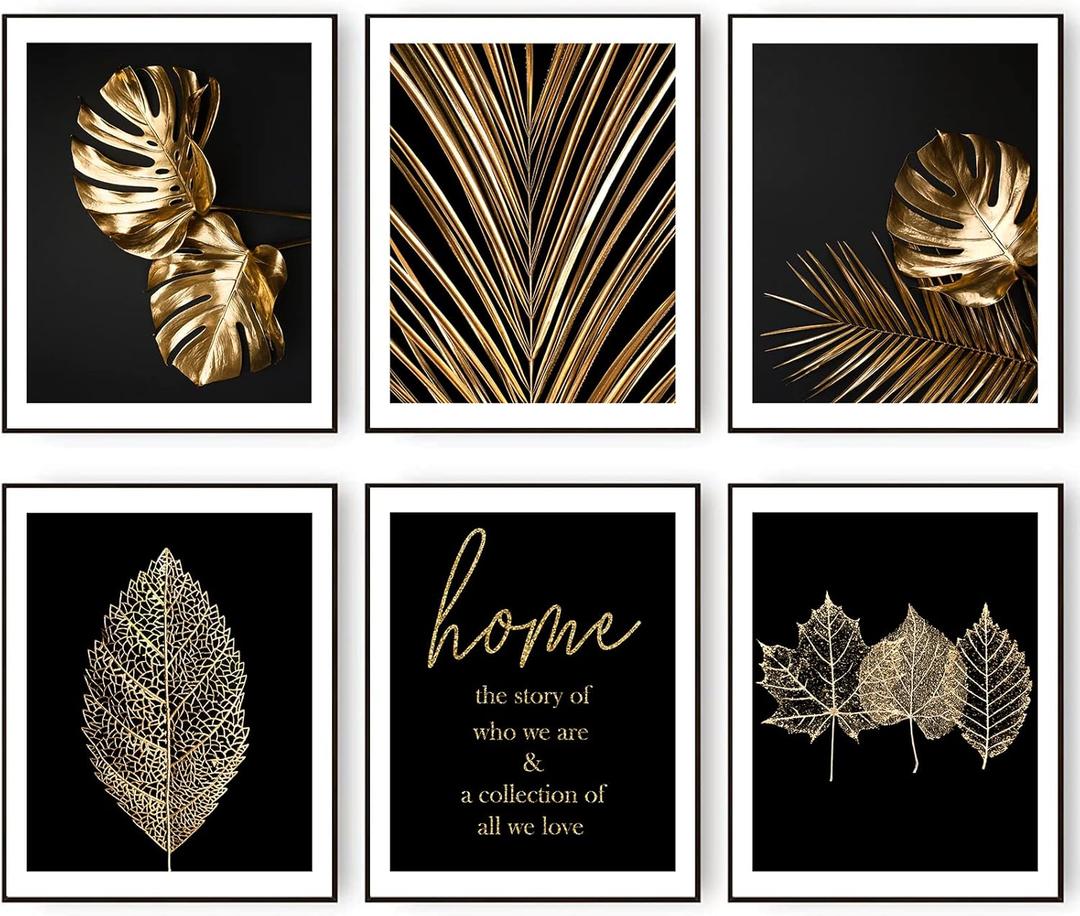 HoozGee Gold Leaf Art Prints Modern Black Gold Botanical Tropical Plant Leaves Art Wall Pictures Canvas Prints Gallery Wall Art Poster Wall Decor Bedroom Room Home Decor (11"x14" UNFRAMED)