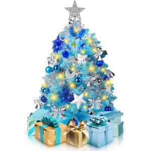 2FT Blue Christmas Tree, Mini Tabletop Christmas Tree with 60 LED Lights, 24 Inches Small Prelit Christmas Tree, 100 Lifelike Branches, 66 Ornaments, Christmas Table Decorations Indoor 2FT Blue Christmas Tree, Mini Tabletop Christmas Tree with 60 LED Lights, 24 Inches Small Prelit Christmas Tree, 100 Lifelike Branches, 66 Ornaments, Christmas Table Decorations Indoor