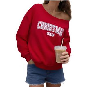 UNIQUEONE Christmas Sweatshirts for Women off Shoulder: Merry Crewneck Sweater Xmas Long Sleeve Pullover Top (Medium, Red)