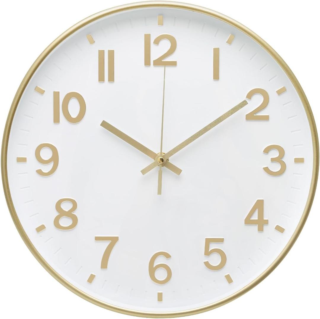 Wall Clock 12 Inch White-Gold Modern Simple Quartz Decorative Clock Non-Ticking Silent Battery Operated Round Wall Clocks Trendy and Practical Best Gift for Living Room Bedroom Kitchen Office
