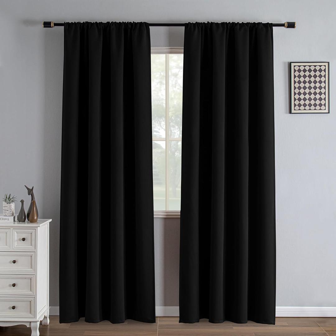 Black 100% Blackout Curtains 84 Inch Length 2 Panels Set, Black Out Curtains for Bedroom 84 Inch Long, Rod Pocket Energy Saving Room Darkening Drapes for Living Room Dining Room Window