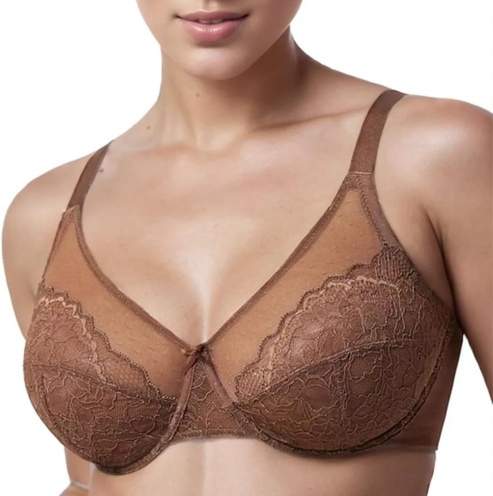 TELIMUSSTO Women's Plus Size Bra Full Coverage Underwired Minimiser Non Padded Floral Lace Bras (Brown, 44DDD)