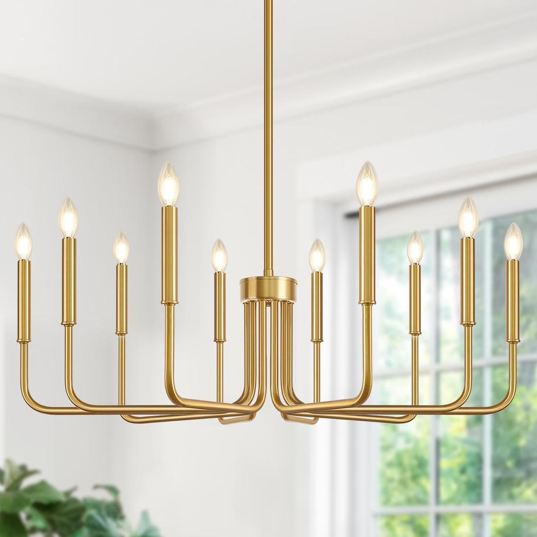 Gold 10-Light Farmhouse Chandelier for Dining Room Lighting Fixtures Hanging, Vintage Candle Pendant Light Fixtures Chandelier for Bedroom, Foyer and Living Room