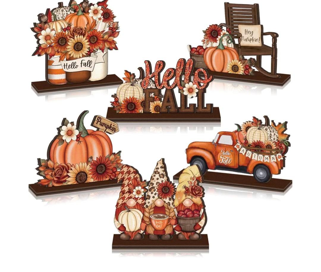Yuntau 6 Pcs Thanksgiving Wooden Table Decorations Autumn Wood Tabletop Sign Centerpiece Rustic Decorations for Office Desk Farmhouse Home Kitchen Tiered Tray Decor Shelves Table Decorative