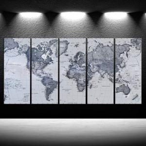 5 Pieces Vintage World Map Canvas Prints Push Pin Wall Art Decor Trace Travel Marks The Map of The World Antique Framed Picture for Living Room Office 16x40inx5