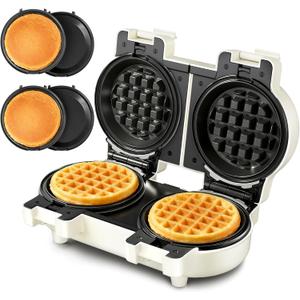 2-in-1 Double Waffle & Pancake Maker - CACHOO Mini 4" Nonstick Waffle Iron & Small Round Griddle with 4 Removable Plate Sets, Dishwasher Safe, Perfect for Small Spaces, Apartments & Dorms, Beige