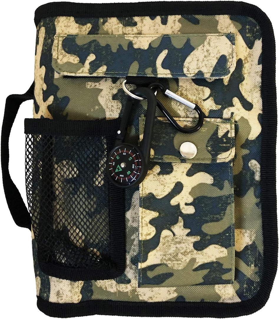 Green Camo Medium Book and Bible Cover for Men with Compass Carabiner Camouflage Book Supplement for Women Case