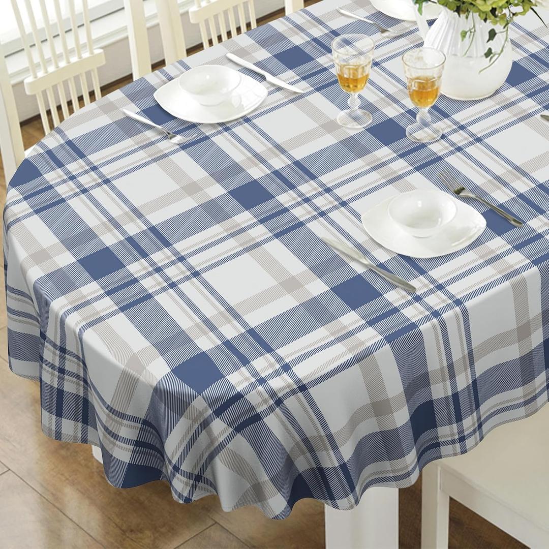 Oval Tablecloth, Waterproof Oval Plaid Table Cloth 60x84 Inch Machine Washable Fabric Table Cover for Kithchen Dining Decor (Light Blue)