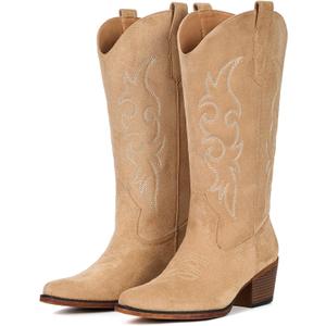 IUV Cowboy Boots For Women Western Cowgirl Classic Mid Calf Snip Toe Boot (Beige) 7.5