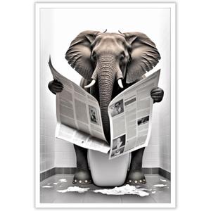 KOEUIRW Funny Elephant Bathroom Canvas Wall Art Cute Elephant In Toilet Posters Black and White Animal Prints Painting Maximalist Mid Century Modern Aesthetic Wall Decor for 24x36in Unframed