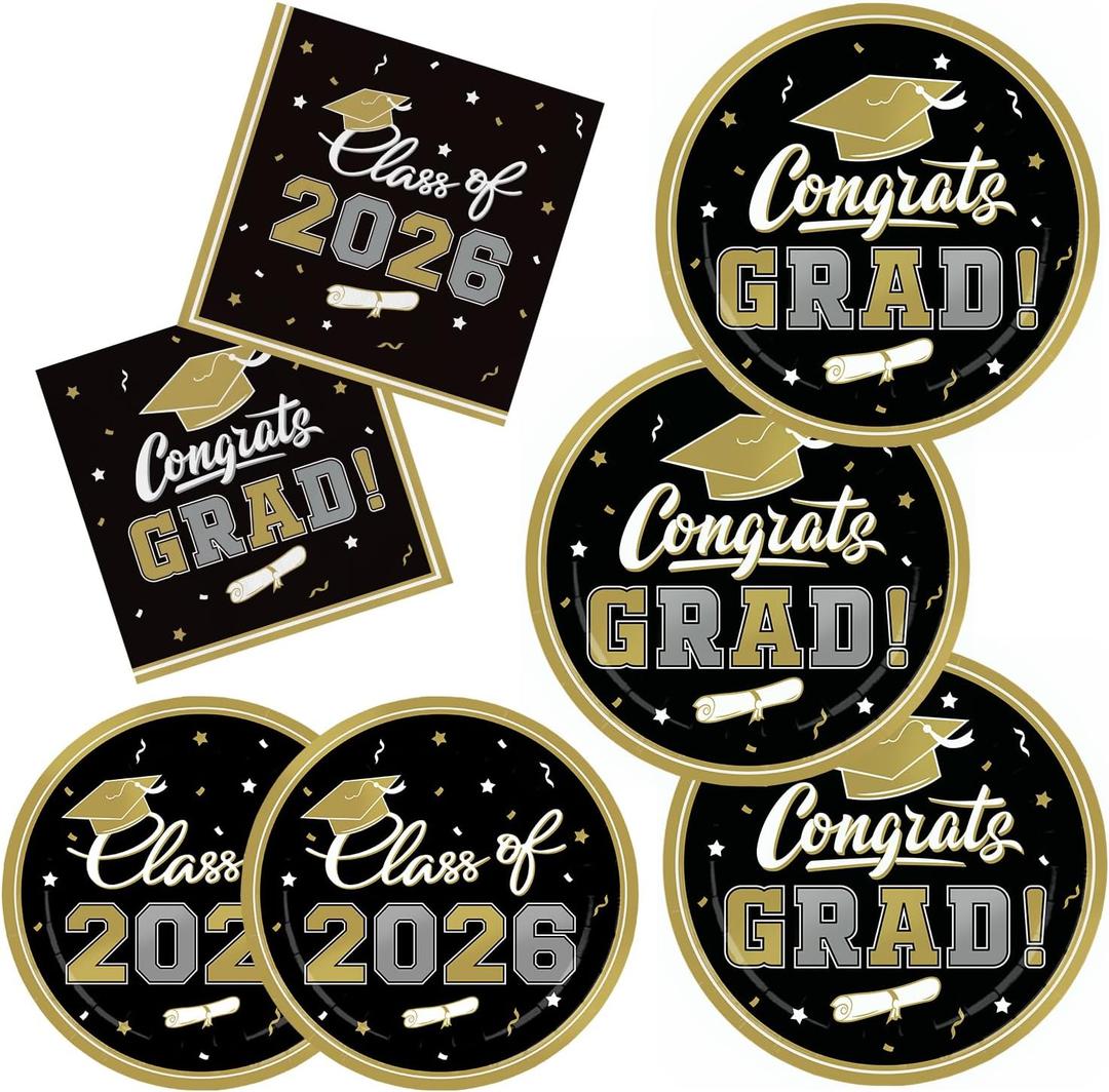 Class of 2026 Graduation Party Supplies - Serve 16 with Black and Gold Graduation Decorations Disposable Paper Plates and Napkins Set, for Congrats Grad Decorations and Favors