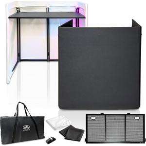 AxcessAbles Portable DJ Facade Booth with Carry Case – 40" x 20" Tabletop, Steel Frame, and Black & White Scrims | White DJ Table | Event Booth (ES-01XBW)