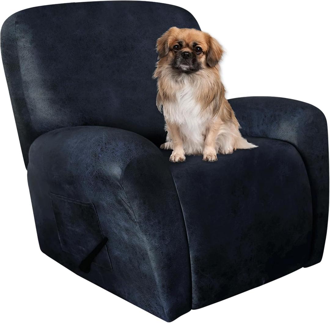 ANARACHON Leather Like Recliner Chair Covers Heavy Duty, 4 Pieces Recliner Cover for Recliner Chair, Leather Cover for Recliner Slipcovers Washable for Pets (Navy) (1 Seater)