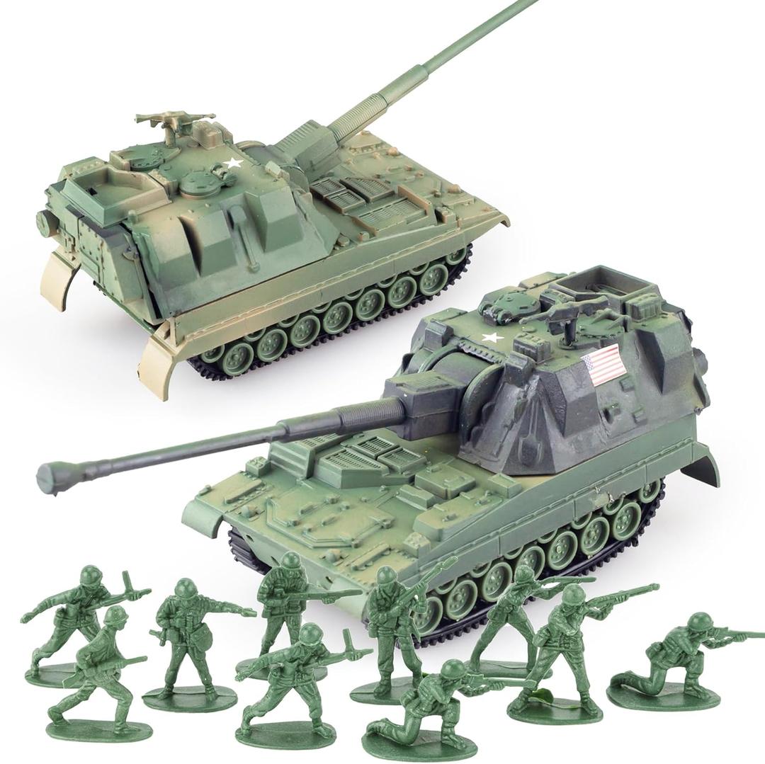 WW2 Army Tank and Army Men Toys Playset, 2pc Tank-15 Models with 10pc Toy Soldiers, Desert Tan 1:72 Military Vehicle, Great Military Toy for Kids Boys