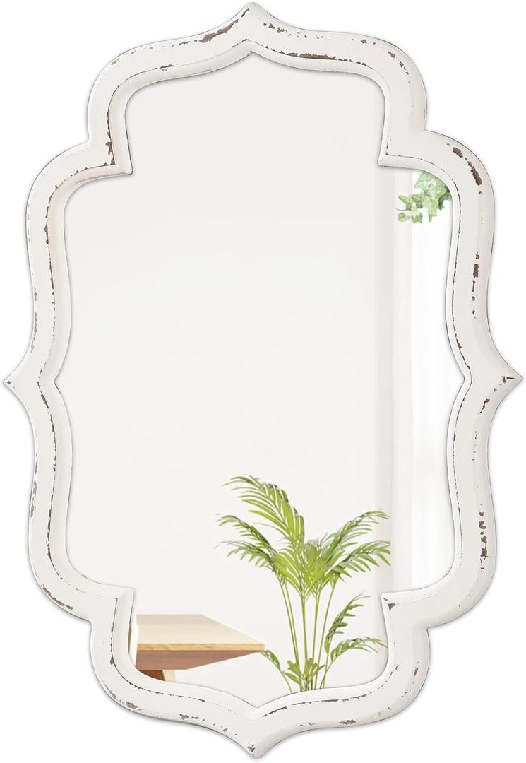 Rustic Scalloped Oval Mirrors for Bathroom 18 X 24 Inch, Hanging Distressed White Wooden Framed Vintage Mirrors for Wall Decor Living Room, Farmhouse Wavy Entryway Wall Mirror Decorative (Style1)
