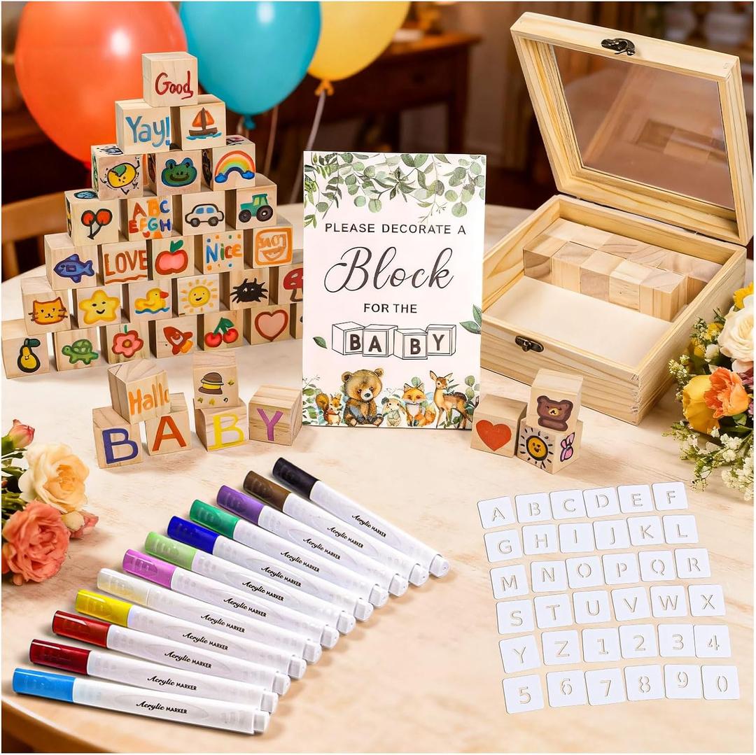 98 PCS Fun Baby Shower Games Wooden Block Doodle Set Baby Blocks for Baby Shower Baby Shower Blocks to Decorate for Boys and Girls Wooden Block Set for Baby Shower Games, Gender Reveal & Decorations