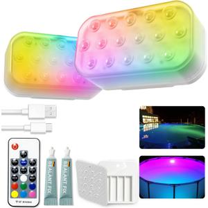 Pool Lights, Upgraded Rechargeable Submersible LED Lights with 16 High-Brightness LEDs, IP68 Waterproof 20 Colors Hot Tub Underwater Pool Light for In-Ground & Above-Ground Pool 2 Pack