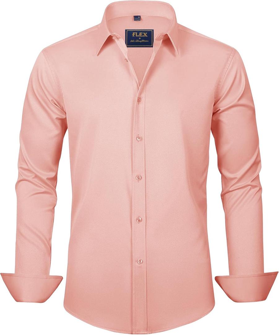 J.VER Men's Dress Shirts Solid Long Sleeve Stretch Wrinkle-Free Formal Shirt Business Casual Button Down Shirts (Large, Coral)