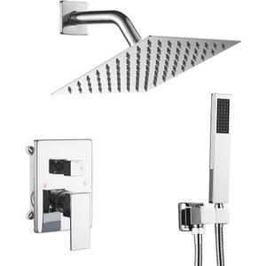 Shower System Polished Chrome Bathroom Rainfall Shower Faucet Set Complete Wall Mounted 8 Inch Shower Head and Handle Set with Rough-in Valve Body and Trim Kit