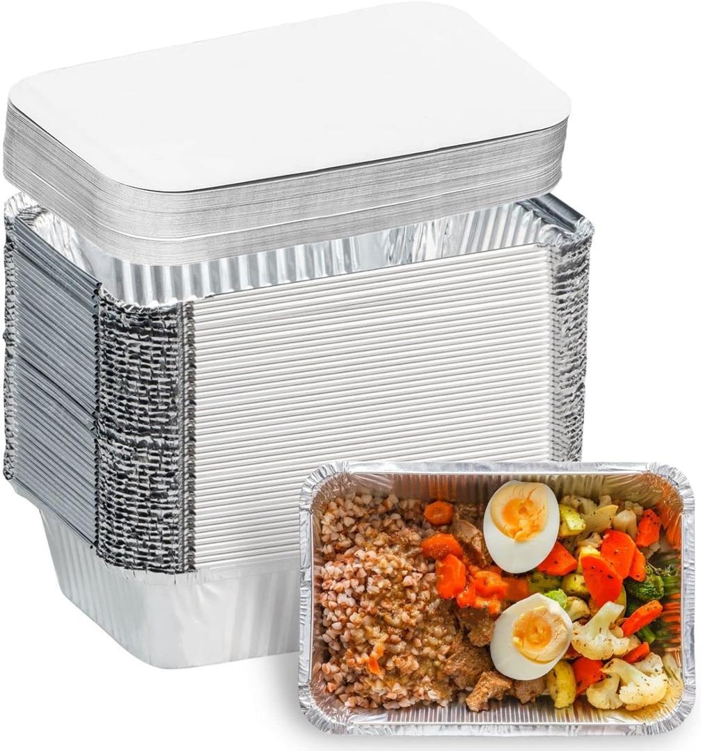 Aluminum Pans with Lids (50-Pack, 8.5"6") 2.25 LB Capacity Foil Food Containers with Lids - 50 Pans and 50 Cardboard Covers - Disposable Tin Foil Pans - for Baking, Meal Prep and Freezer, Takeout