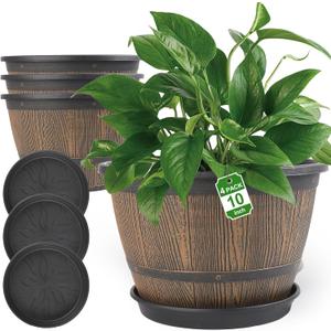 10-inch-Plant-Pots-Indoor-Outdoor, 4 Pack Whiskey Barrel Planters with Drainage Holes & Saucer, Plastic Flower Pots Imitation Wine Barrel Design, Decorative Garden Pots for Plants