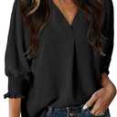 Dokotoo Dressy Tops for Women Trendy 2026 V Neck Flowy 3/4 Length Sleeve Womens Tops Business Work Fall Summer Blouses Office Shirts Women's Clothing Funeral Outfit Black Top M