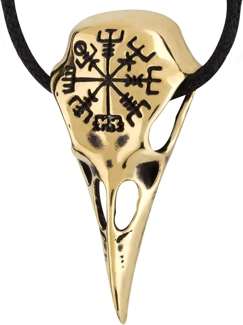 Viking Raven Skull Necklace with Compass Vegvisir - Bird Crow Head Pendant Nordic Norse Amulet Talisman - Gothic Halloween Wiccan Jewelry Gifts for Men Women - Handmade Accessories