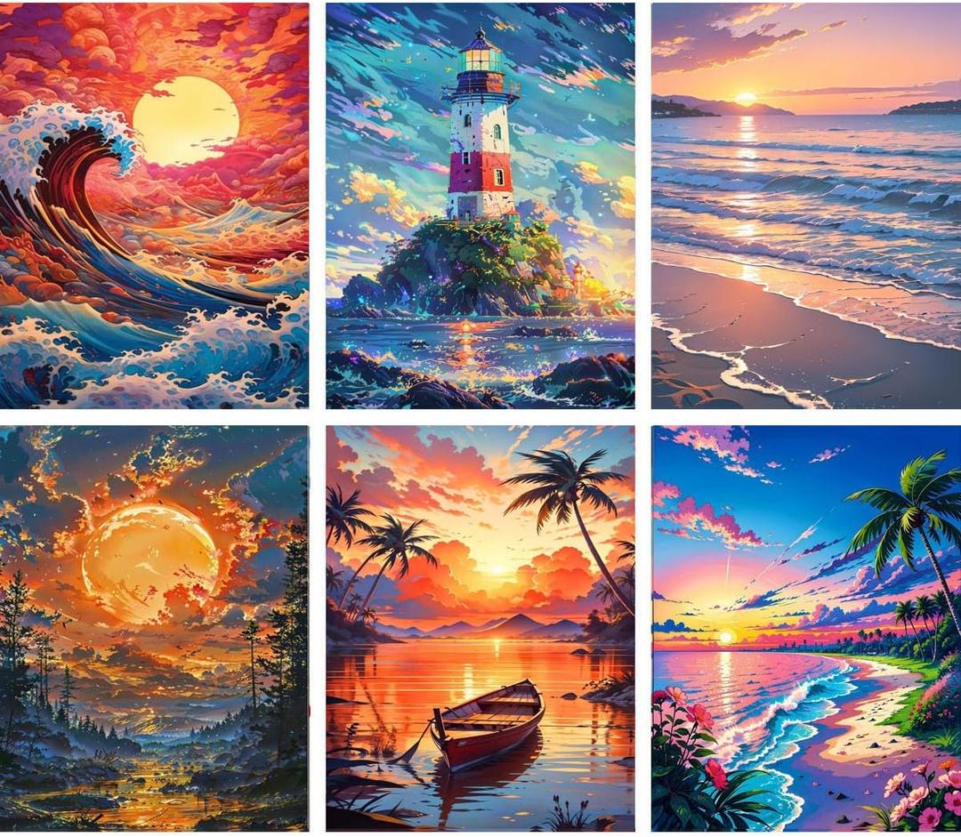 MXCFZX Sunset Beach Paint by Numbers kit for Adults Lighthouse on sea Beginner on Advanced Canvas Adult Paint by Number Kits,Easy Landscape Acrylic Paint Boat On Lake Crafts for Home Decor 10x14in