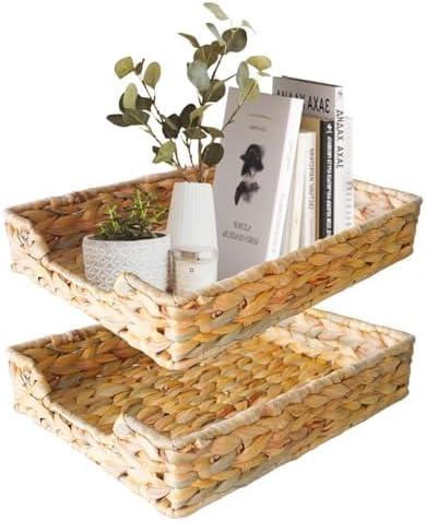 2 Pcs A4 File Tray, Natural Water Hyacinth Desk Basket, Wicker Paper Tray File Basket for Desk Organizer, Woven Letter Size Documents Trays for Office,Toilet Tank Organizer