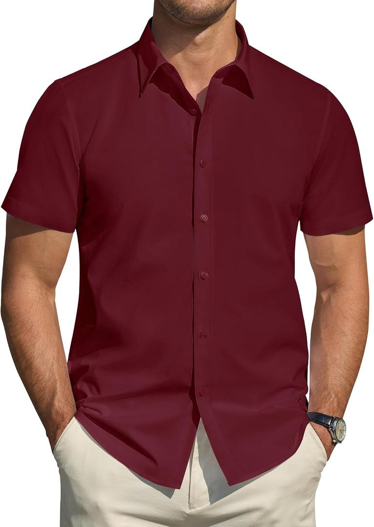 Men's Short Sleeve Dress Shirts Stretch Stain Shield Casual Button Down Shirts Solid Formal Shirt (Large, Burgundy)