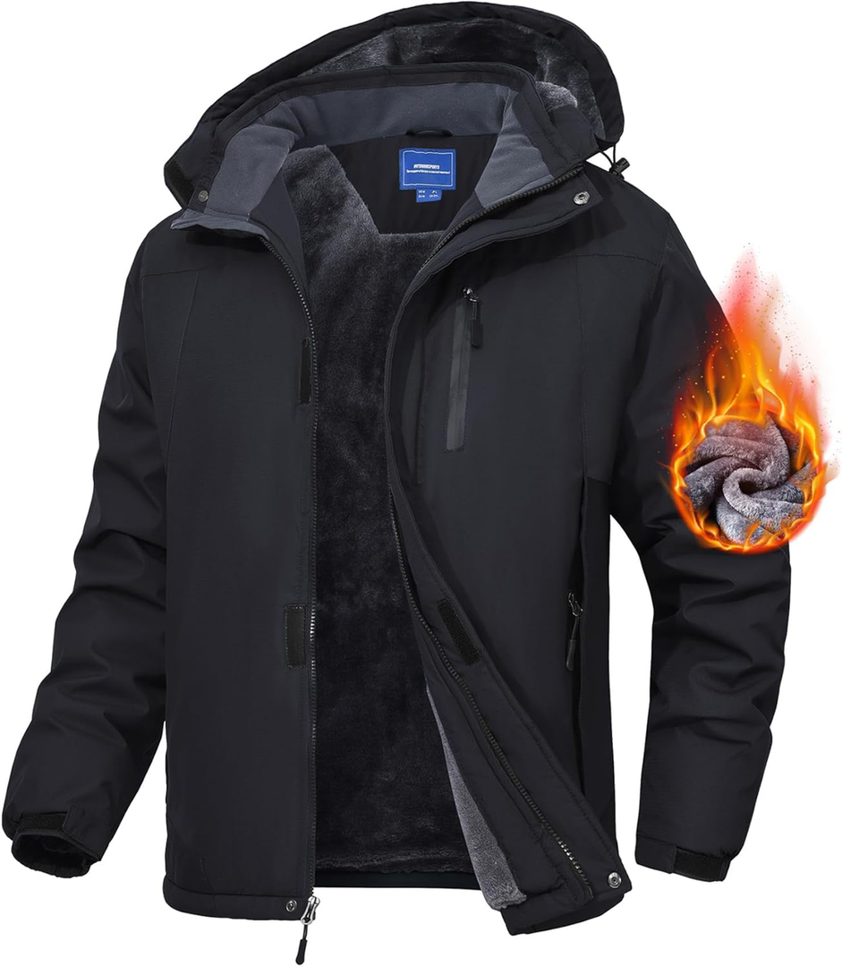 Men's Mountain Ski Jacket Waterproof Fleece Liner Snow Coat Warm Winter Windproof Hooded Raincoat, Size: XL