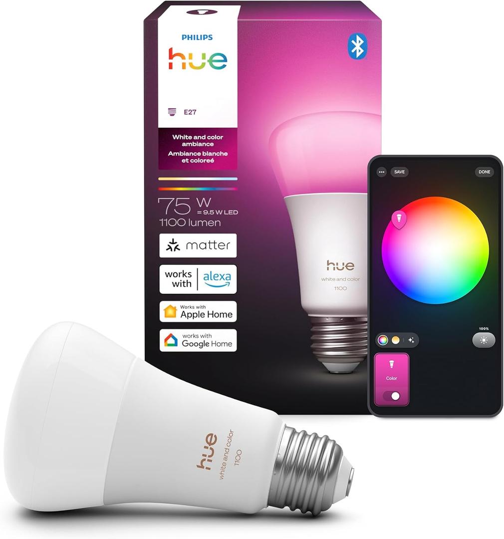 Philips Hue Smart LED A19 Bulb 1-Pack, White & Color Ambiance, E26 Base, 10.5W, Full Spectrum Light 1000K-20000K, 1100 Lumens, Dimmable, Works with Alexa, Google, Apple
