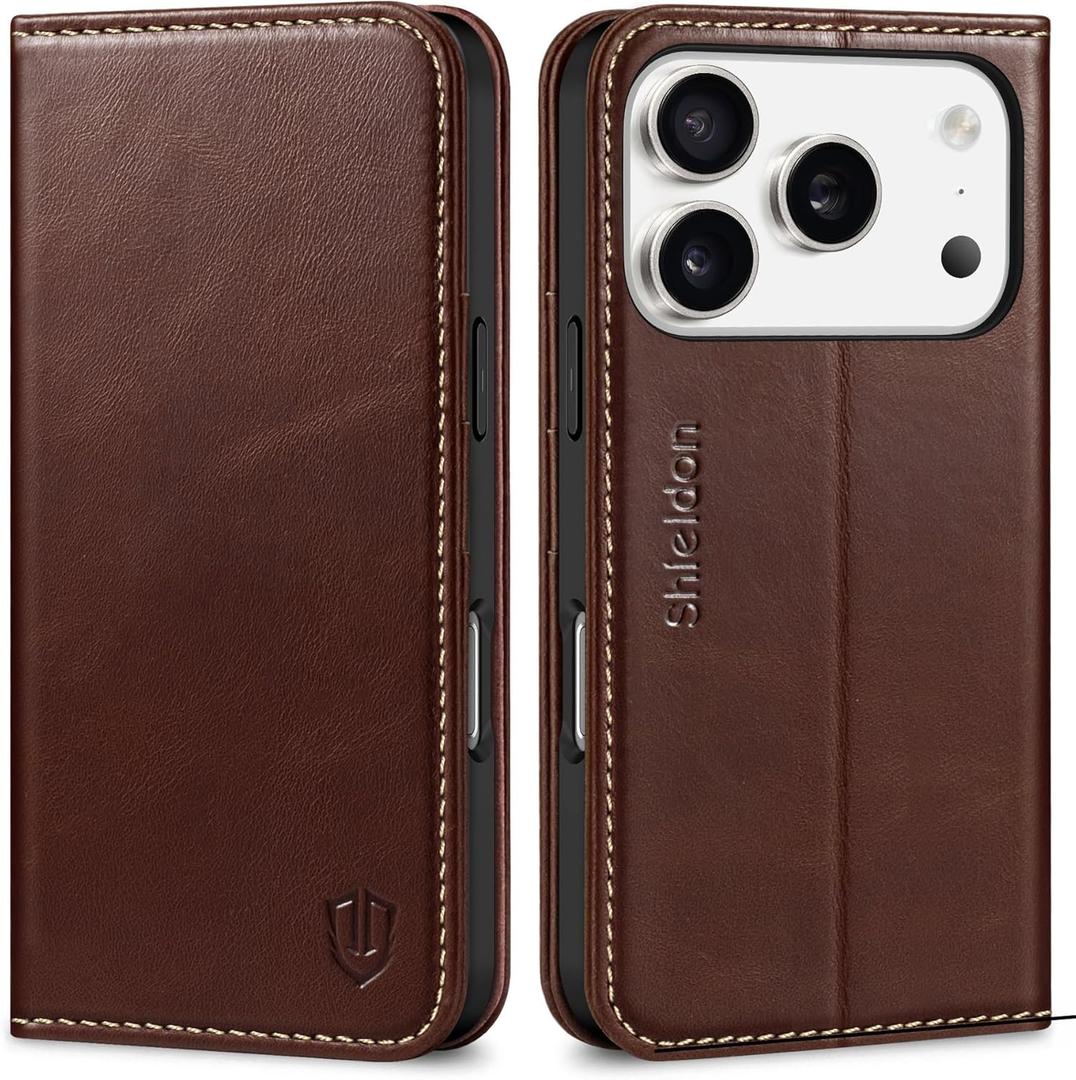 SHIELDON Case Wallet for iPhone 17 Pro 6.3-inch | Genuine Leather | Foldable Design | Magnetic Closure | RFID Blocking Card Holder | Kickstand | Drop Protection Phone Cover | Retro Coffee
