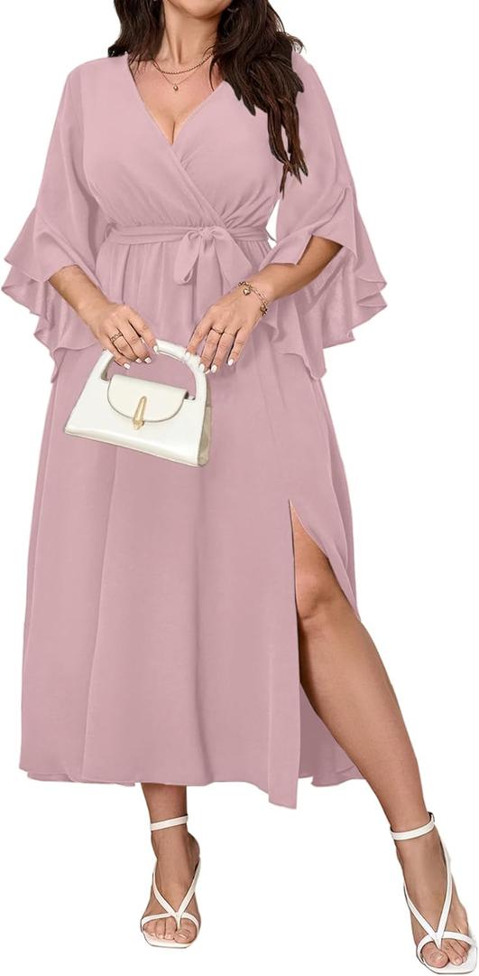 Womens Plus Size Dress Wedding Guest Cocktail Ruffle Half Sleeve Wrap V Neck Slit A Line Maxi Dresses with Belt (Dustypink, XXL)