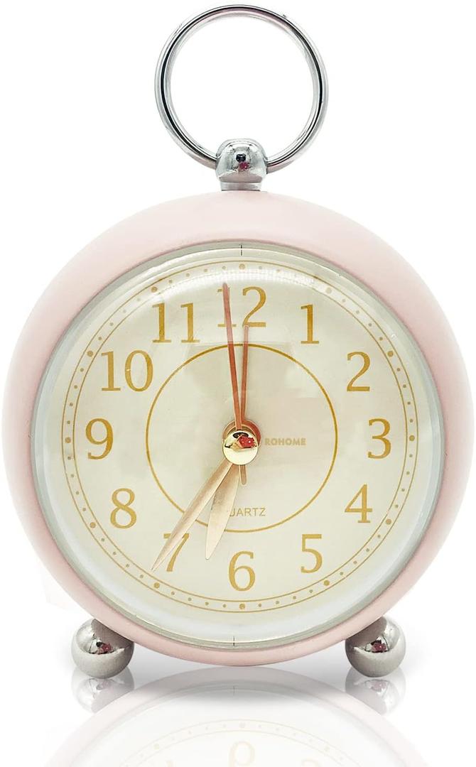 Rohome Vintage Small Alarm Clock with Night Light, Pink, Quartz Movement, Battery Operated, Non-Ticking, Decorative, for Bedside Table, Desk, Kitchen, Bedroom